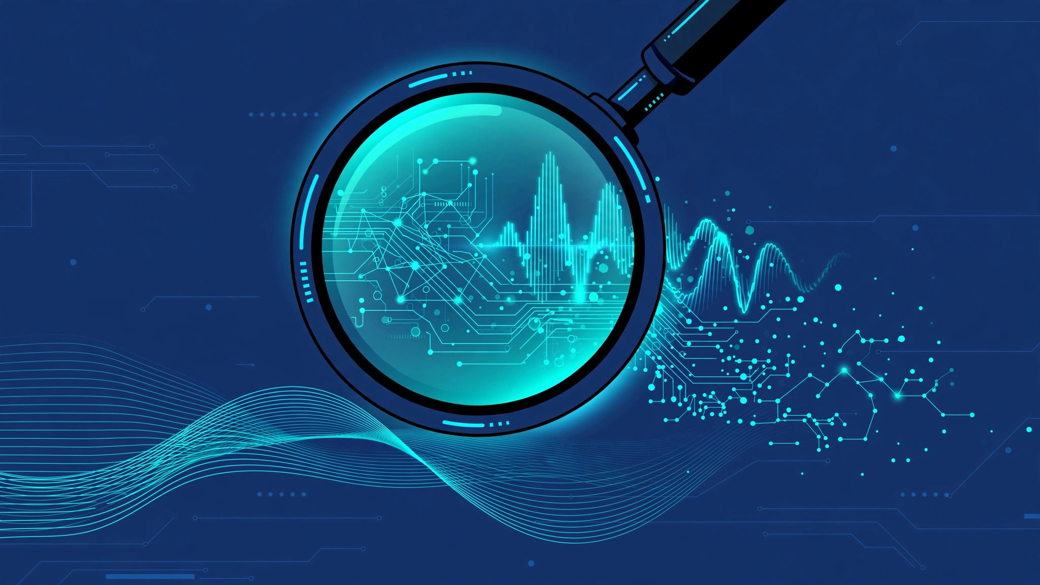 Magnifying glass examining glowing digital text patterns, illustrating how AI detectors analyze writing patterns