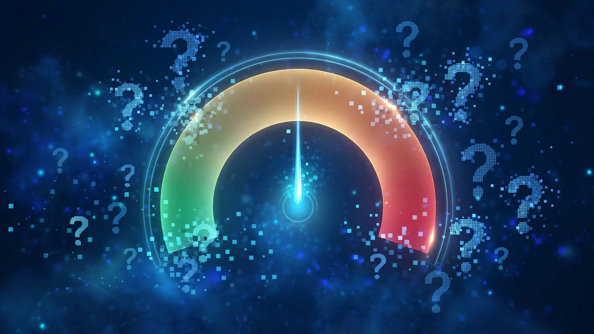A glowing probability gauge with its needle in a middle zone, illustrating that AI detection scores are likelihood estimates, not certainties