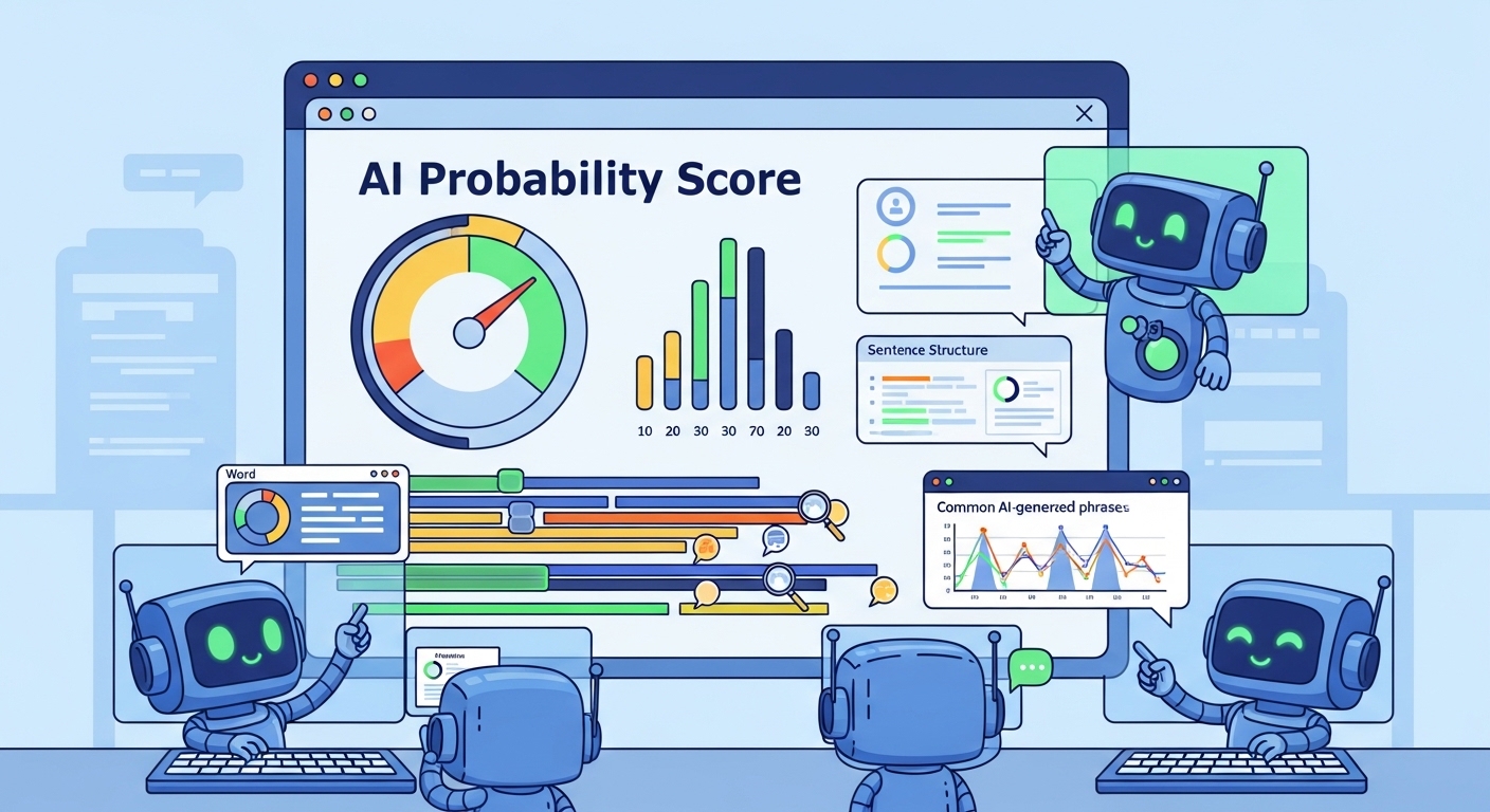 AI content detection concept or interface showing text analysis dashboard with AI probability score