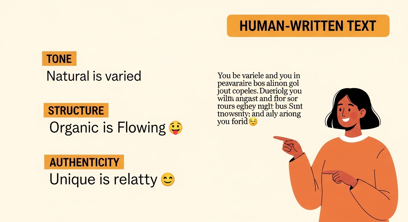 Example comparison showing AI-written text vs human-written text with highlighted differences in tone, structure, and authenticity