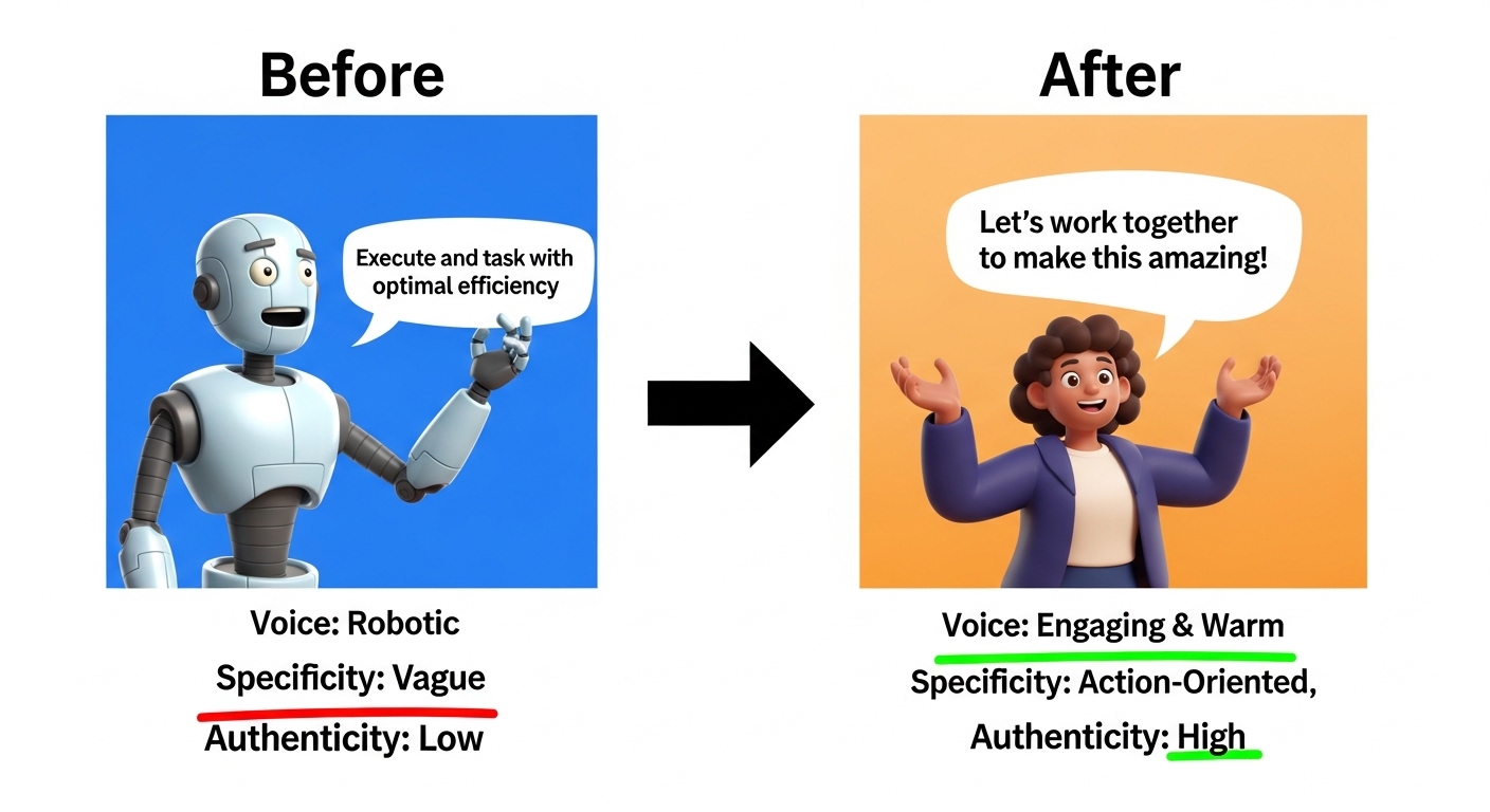 Before vs after humanized text comparison showing highlighted improvements in voice, specificity, and authenticity