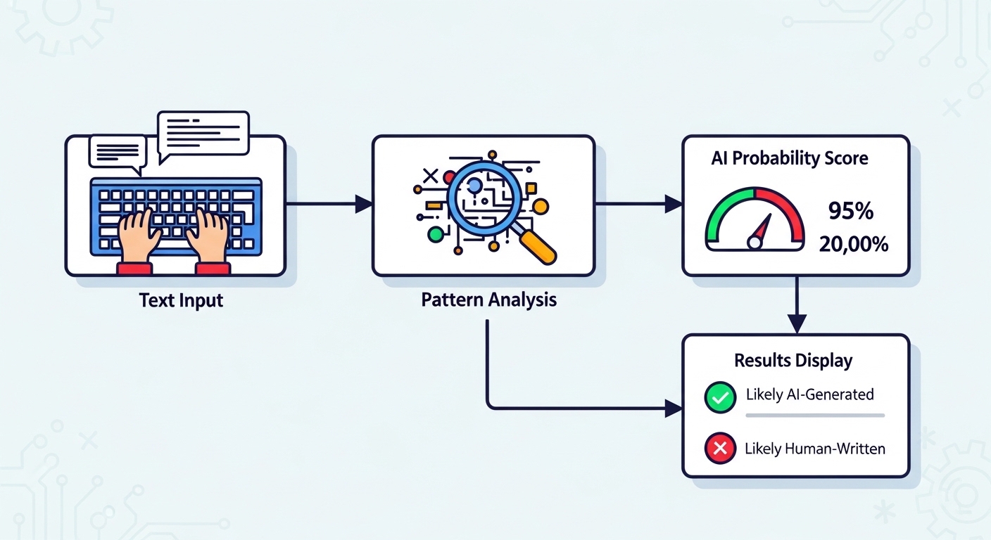 Diagram explaining how AI detection works - flowchart showing Text Input → Pattern Analysis → AI Probability Score → Results Display