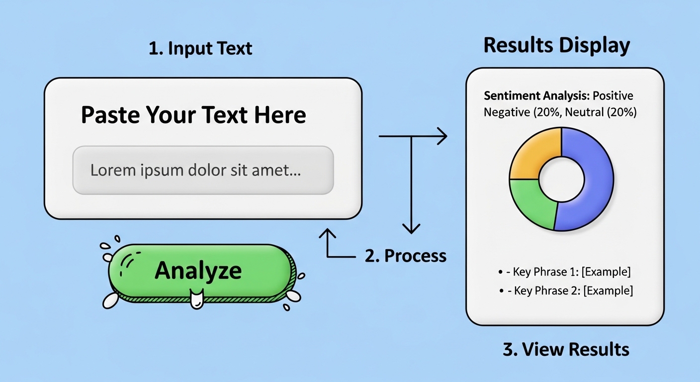 Step-by-step workflow screenshot showing text paste area, analyze button, and results display with annotations